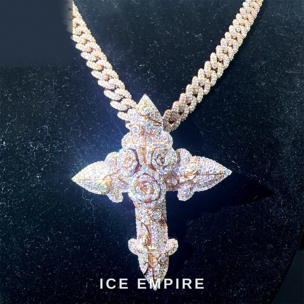 Iced Out Cross Rose Gold Moissanite Cuban Chain