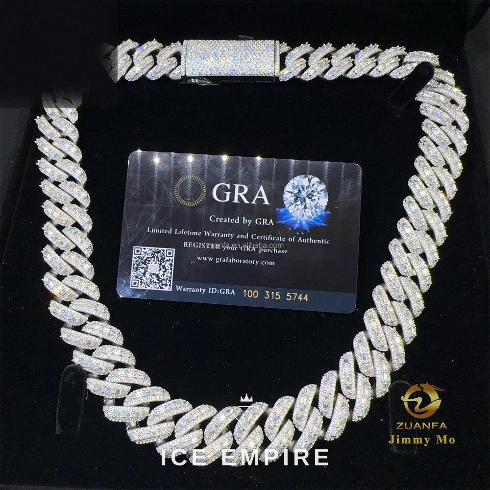 Iced Out Baguette 925 Silver Moissanite Cuban Chain