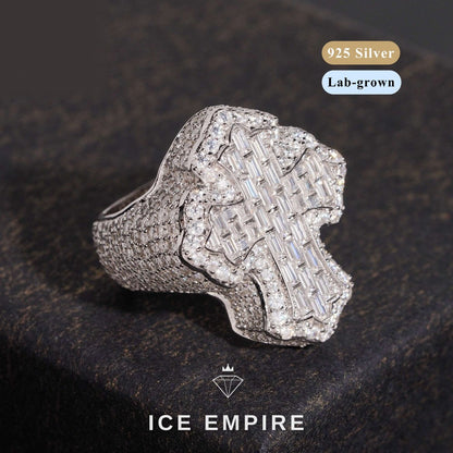 Iced Out Cross 925 Silver Lab Grown Diamond Ring