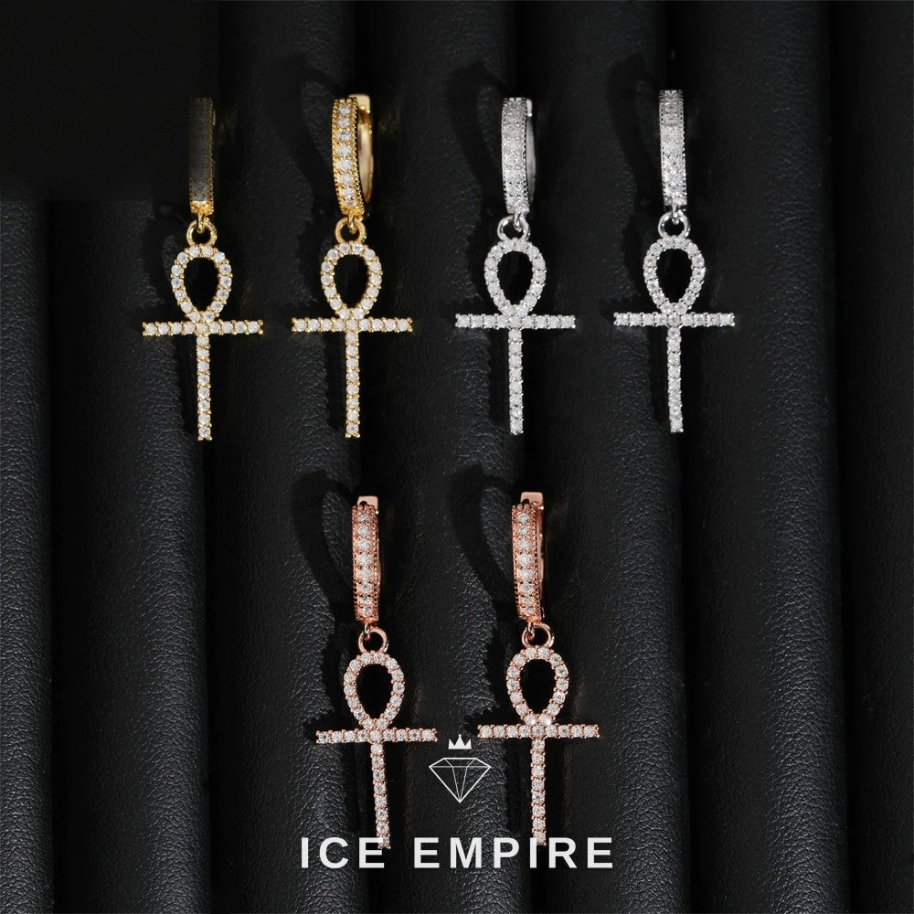 Iced Out Cross Rose Gold Plated Moissanite Hoop Earrings