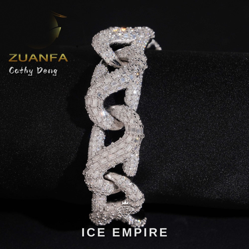 Iced Out Baguette 925 Silver Moissanite Cuban Chain