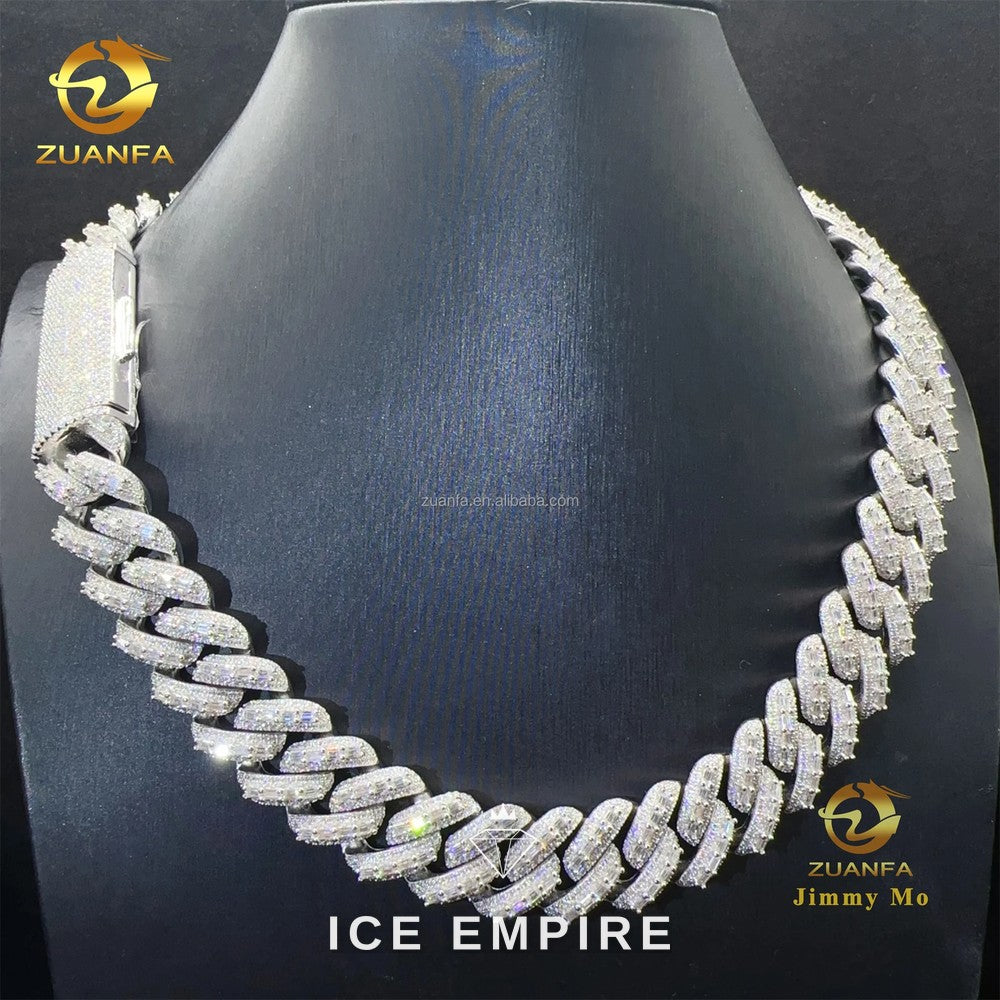 Iced Out Baguette 925 Silver Moissanite Cuban Chain