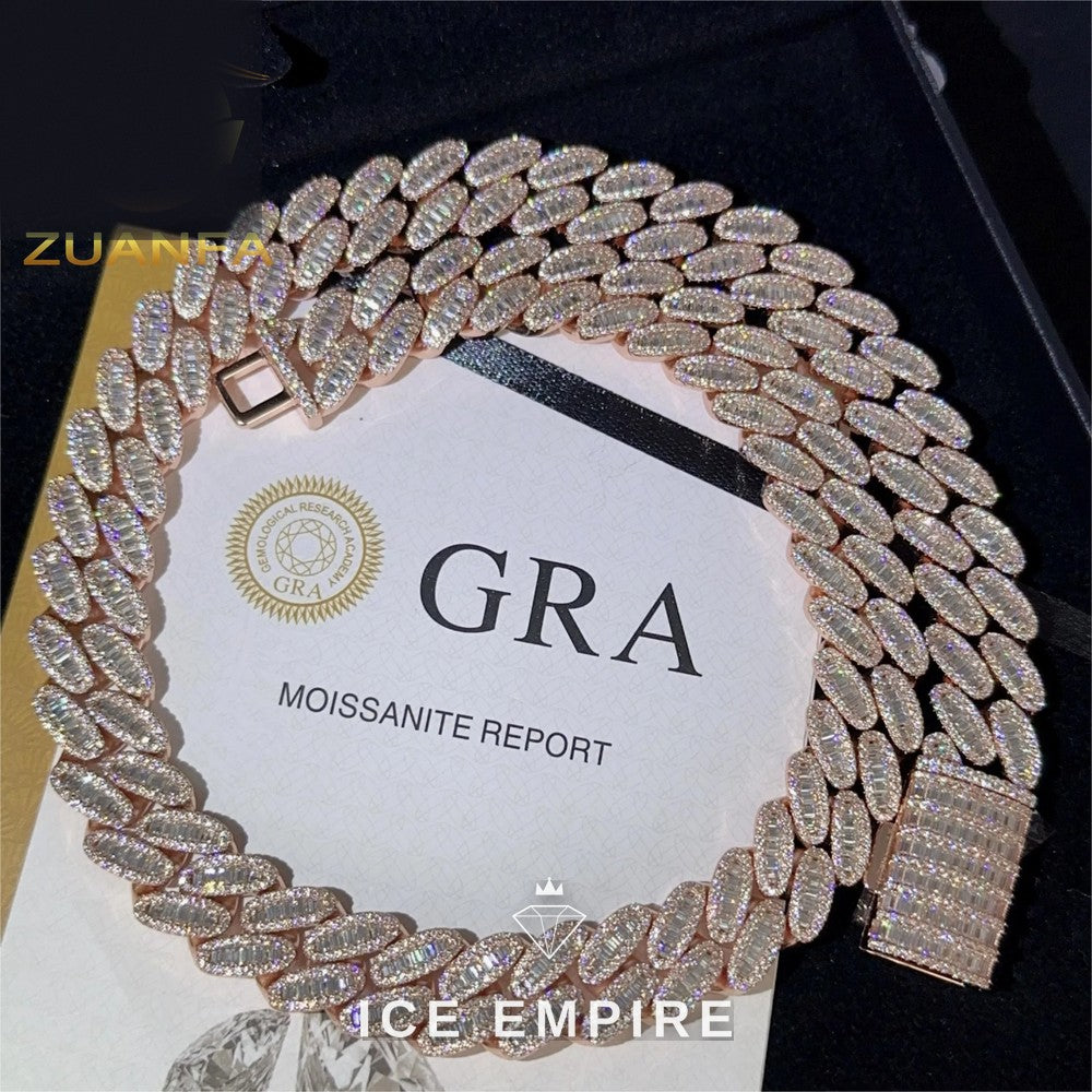Iced Out Baguette Rose Gold Plated Moissanite Cuban Chain