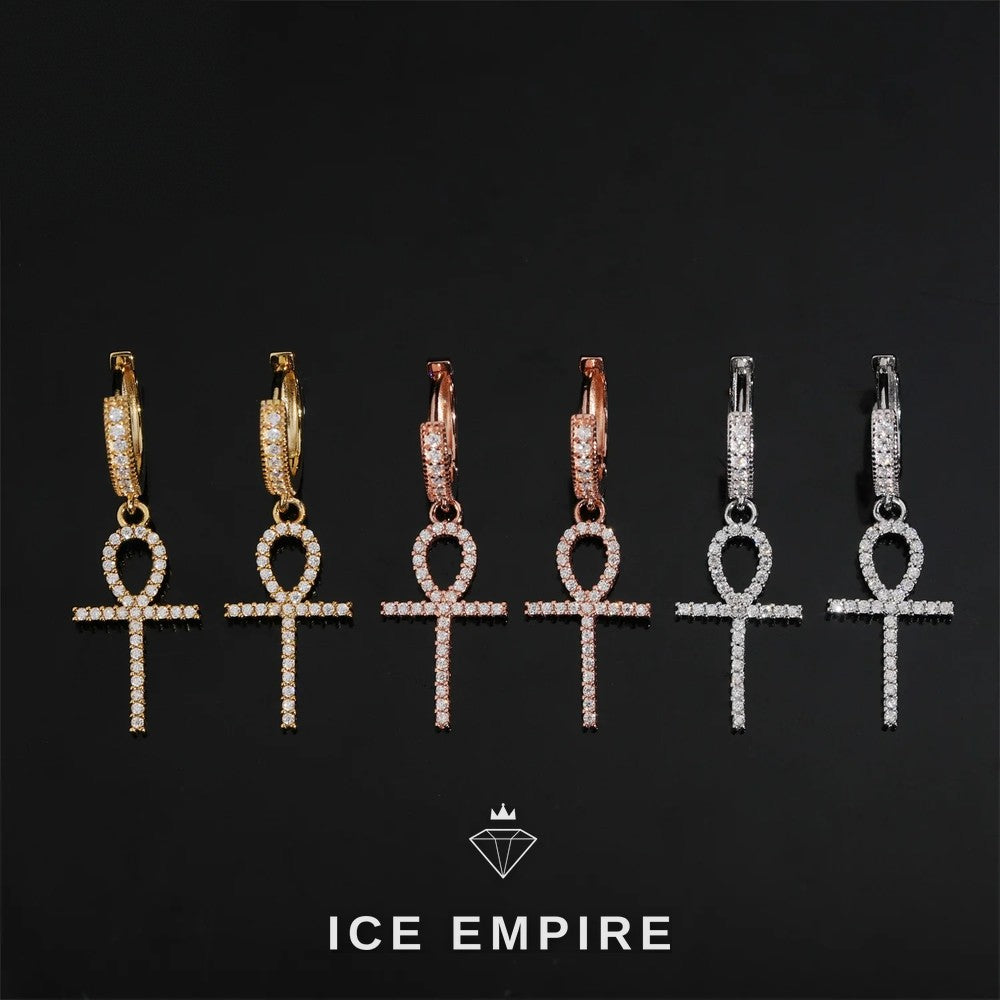 Iced Out Cross Rose Gold Plated Moissanite Hoop Earrings