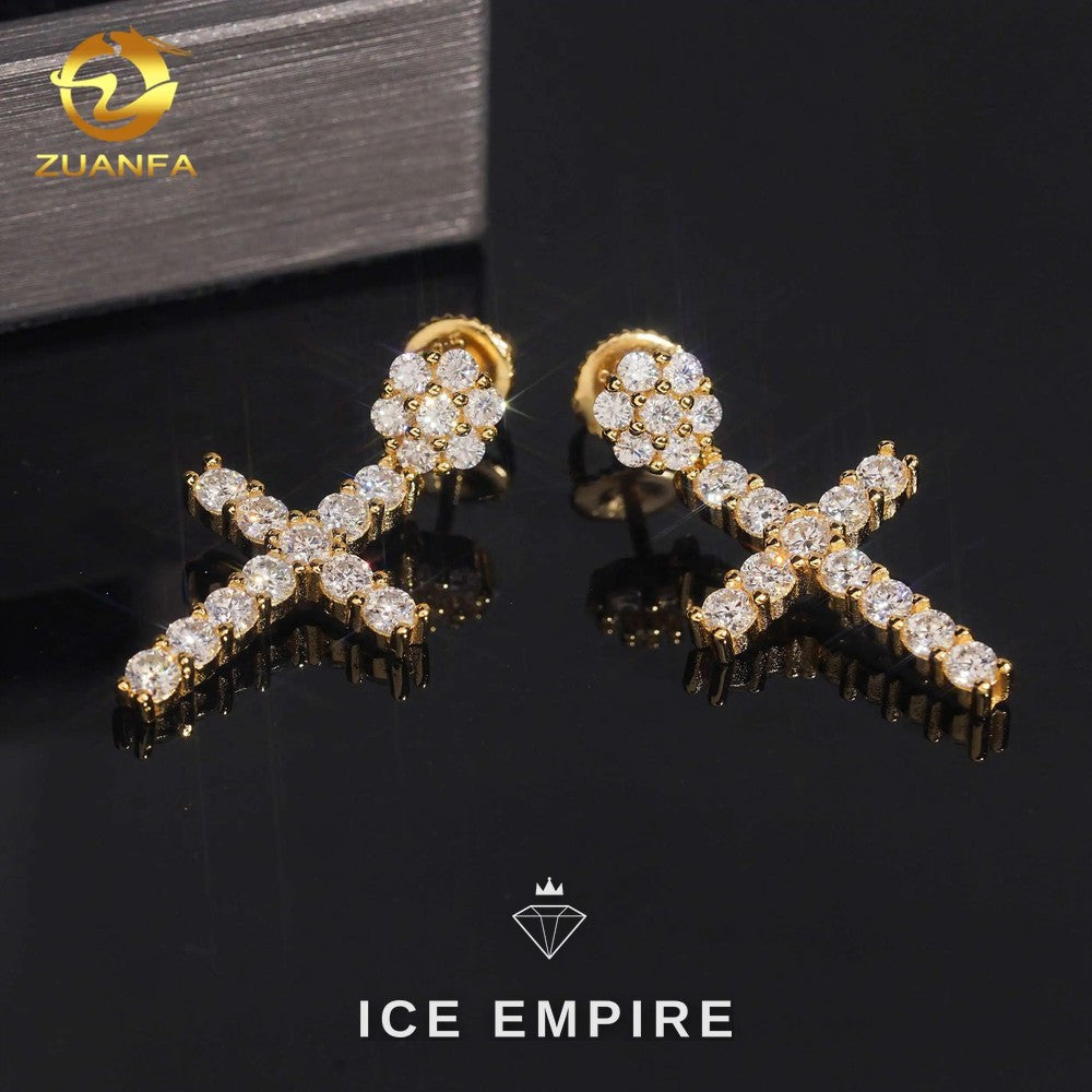 Iced Out Cross Gold Plated Moissanite Stud Earrings