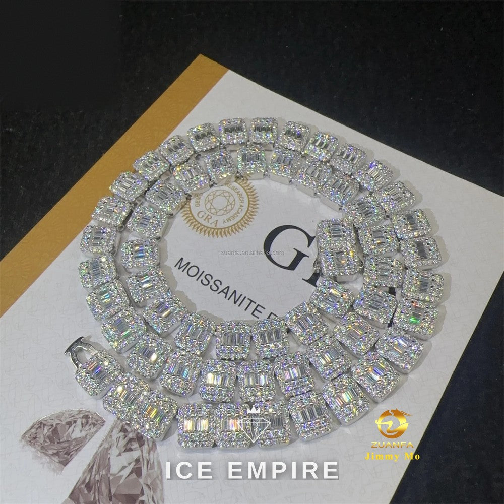 Iced Out Baguette 925 Silver Moissanite Cuban Chain