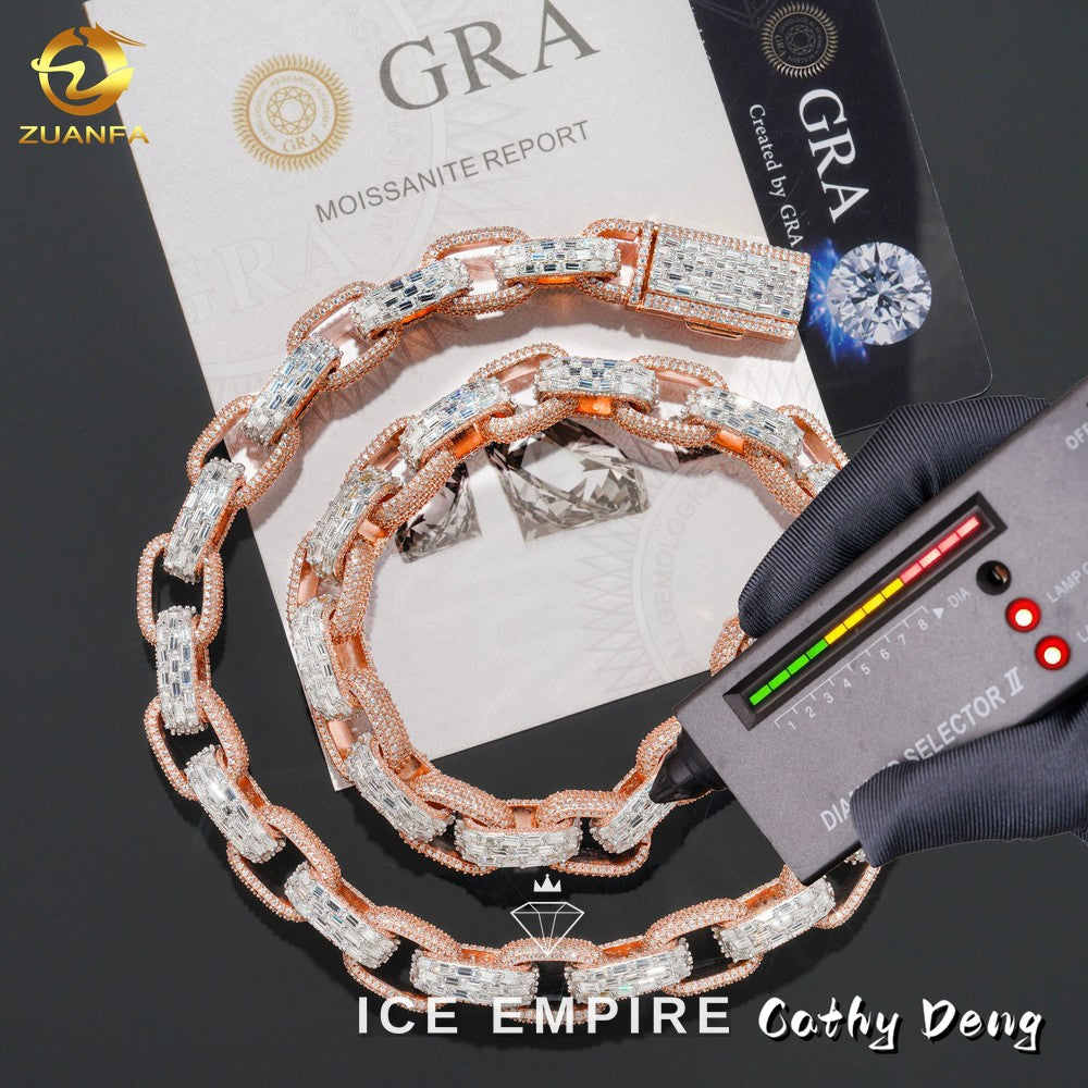 Iced Out Baguette Rose Gold Plated Moissanite Cuban Chain
