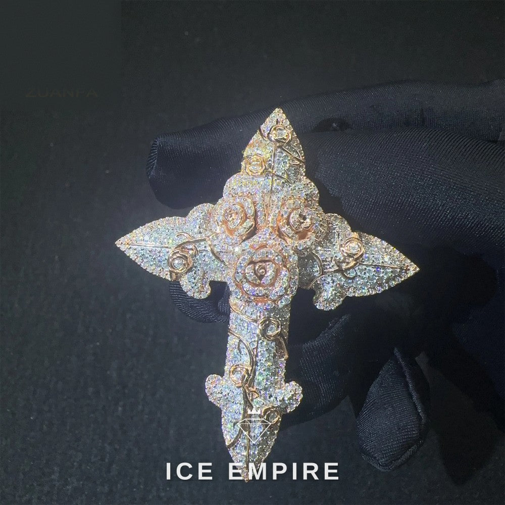 Iced Out Cross Rose Gold Moissanite Pendant