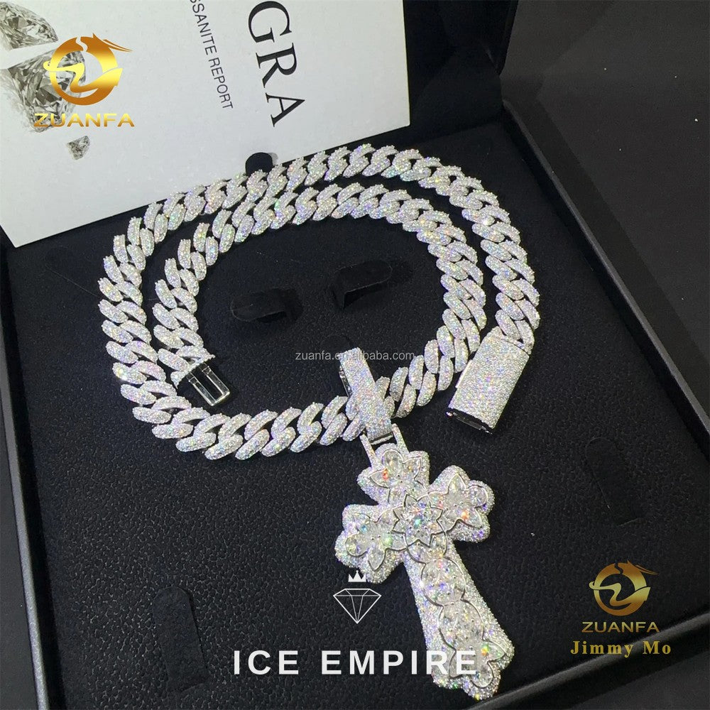 Iced Out Cross Gold Plated Moissanite Cuban Chain