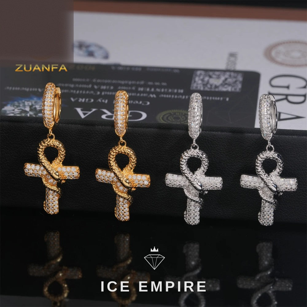 Iced Out Cross Gold Plated Moissanite Hoop Earrings
