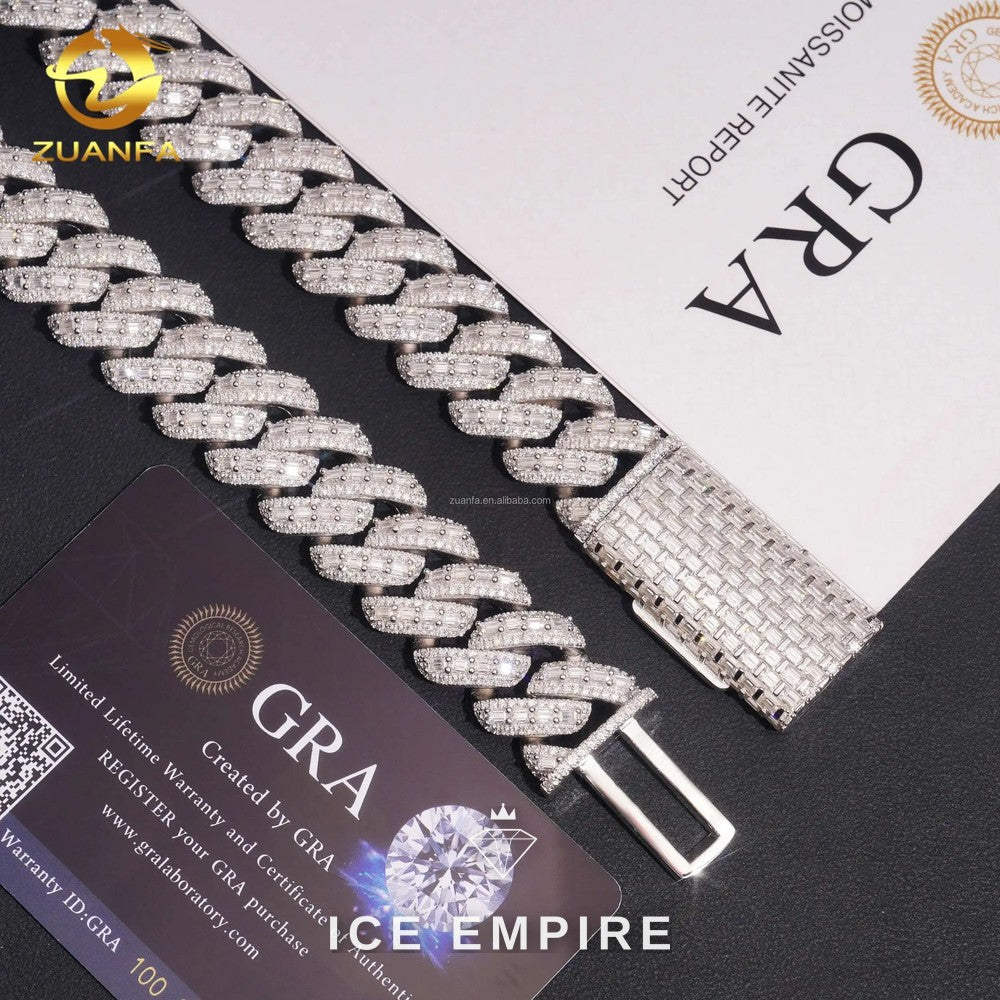 Iced Out Baguette 925 Silver Moissanite Cuban Chain