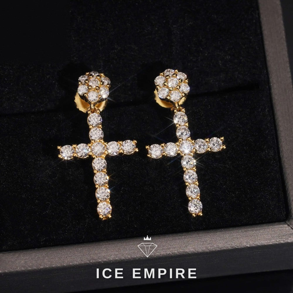 Iced Out Cross Gold Plated Moissanite Stud Earrings