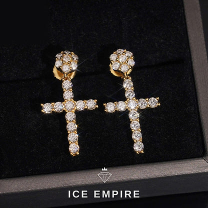 Iced Out Cross Gold Plated Moissanite Stud Earrings