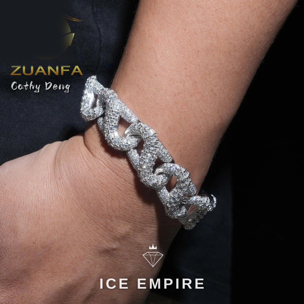 Iced Out Baguette 925 Silver Moissanite Cuban Chain