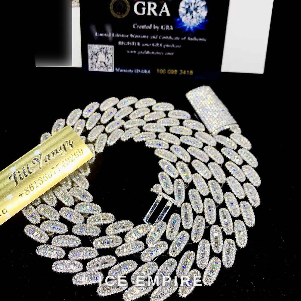 Iced Out Baguette 925 Silver Moissanite Cuban Chain