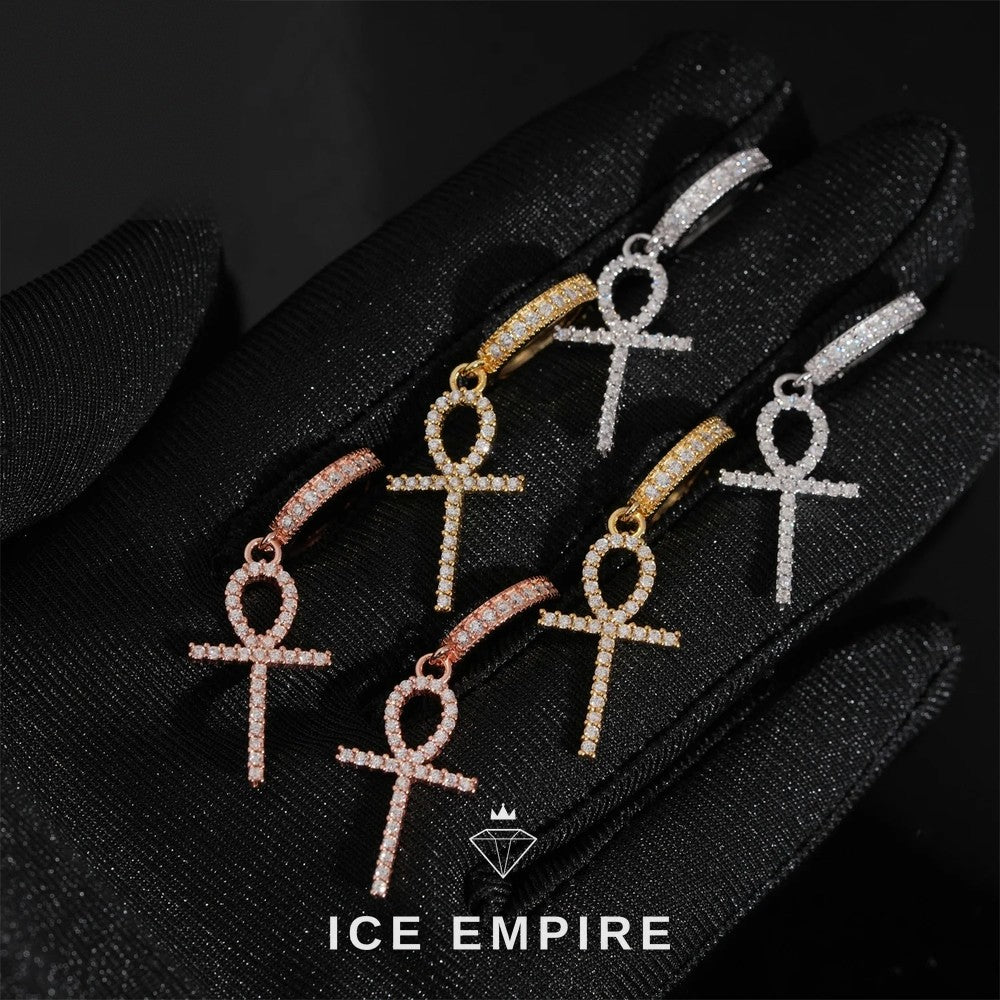 Iced Out Cross Rose Gold Plated Moissanite Hoop Earrings