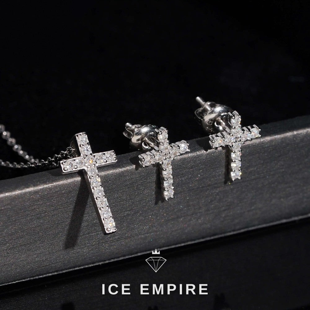 Iced Out Cross 925 Silver Moissanite Stud Earrings